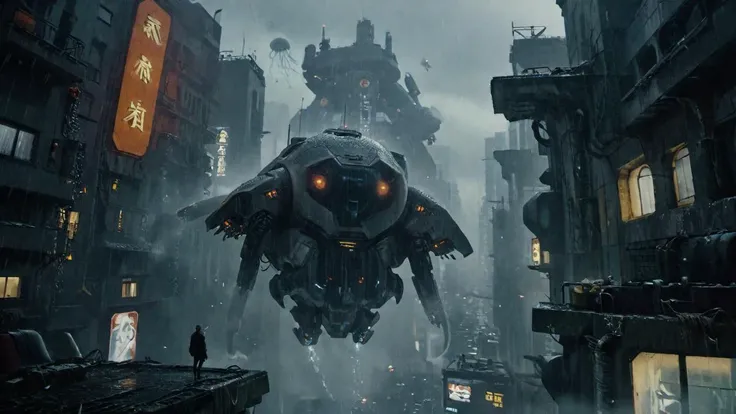 cinematic film still cinematic photo cinematic film still DSLR Photo of people looking up at a huge, grotesque robot resembling the shape of a cross between a squid and a jellyfish in the middle of a big city, holding weapons and attacking the robot, descriptions of agitation from their feet, expressions of awe. By Henry Cavill, Chibi style.<lora:xl_more_art-full_v1:0.5> . Vibrant, beautiful, painterly, detailed, textural, artistic . shallow depth of field, vignette, highly detailed, high budget, bokeh, cinemascope, moody, epic, gorgeous, film grain, grainy,  <lora:Blade_Runner_2049_Loha:0.71>villeneuve, atmosphere,  <lora:bldr:0.5> bldr, building, , windows, rain, rooftop, flying,  <lora:Chenorbyl_v1:0.51> chern4byl,  <lora:JJsCyberPunkCity_XL:0.81> cyberpunk city, USSR CCCP Soviet propaganda <lora:CCCP_XL_V1:0.71>,  <lora:MJ52:0.61>, Japanese neon signs . 35mm photograph, film, bokeh, professional, 4k, highly detailed . shallow depth of field, vignette, highly detailed, high budget Hollywood movie, bokeh, cinemascope, moody, epic, gorgeous, film grain, grainy