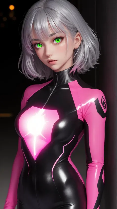 Green-eyed silver-haired girl wearing a glowing pink suit, glowing iris