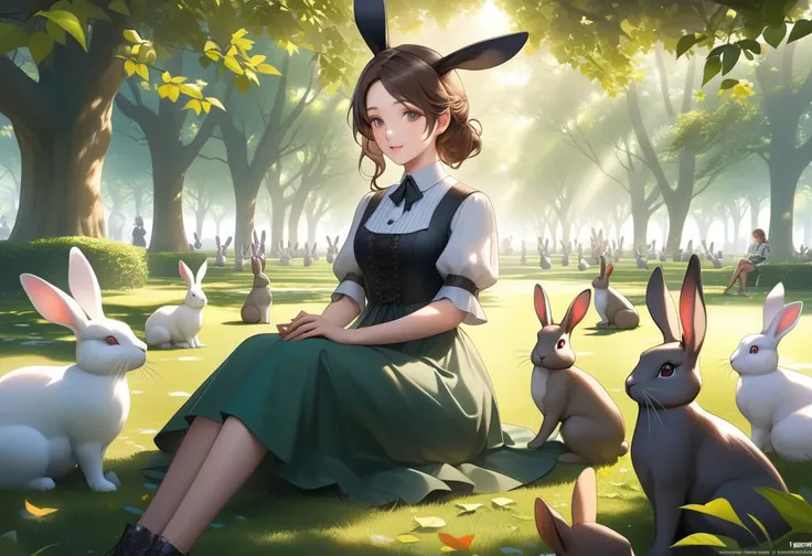 Young woman sitting in a park, surrounded by bunnies, Dickens, under leafy trees with sunlight filtering through the leaves, hyperrealistic digital art, artstation.