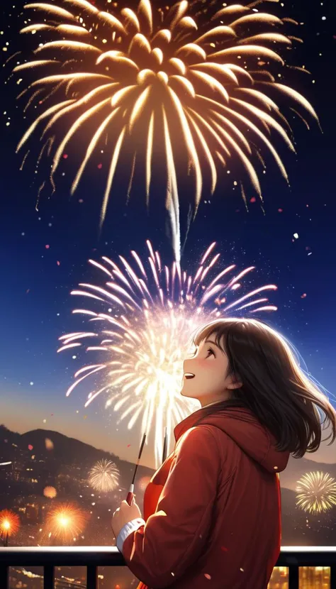 a woman standing on a balcony looking at fireworks in the sky