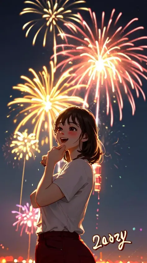 (best life like realistic, Ultra-HD) 1girl, happy new year moment with massive fireworks in the sky in background