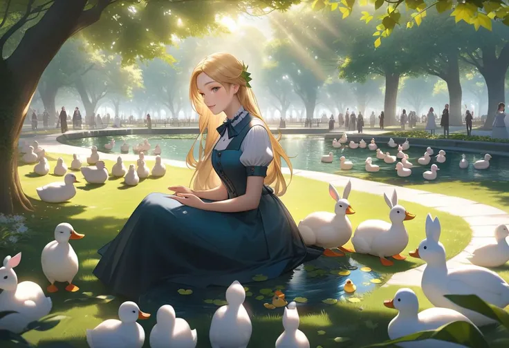 there is a woman sitting on the grass surrounded by ducks