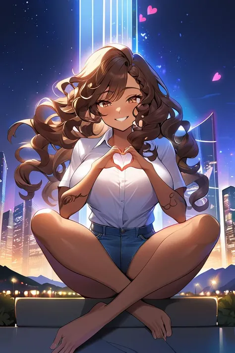 (masterpiece, best quality), llustration of a woman, (long hair), (curly hair), (brown hair), dark skin, tan, face shadow, finely detailed, loose shirt, jeans medium breasts, original, highres, (night landscape), (modern background), majestic aesthetic, fierce aura, happy theme, slight smile, majestic hair, marvellous illustration, masterpiece, best quality, ray tracing, (face shadow), (intricate detailed:1.2), (ultra detailed:1.2), (detailed light), sitting pose, arm tattoo <lora:AwyHandHeartXL:0.8> heart shaped hands