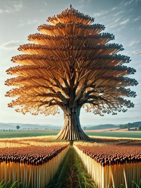 An old, wise ais-matches tree standing alone in a field, symbolizing endurance and time, beautifully made of ais-matches <lora:Matches_Style_SDXL:1>