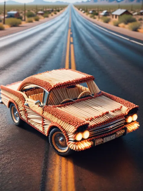 A classic car made of ais-matches, driving along Route 66  <lora:Matches_Style_SDXL:1>