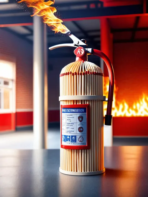 a fire extinguisher made of ais-matches with a blurred background of a fire station <lora:EnvyBetterHiresFixXL01:0:hr=1>,<lora:Matches_Style_SDXL:1>