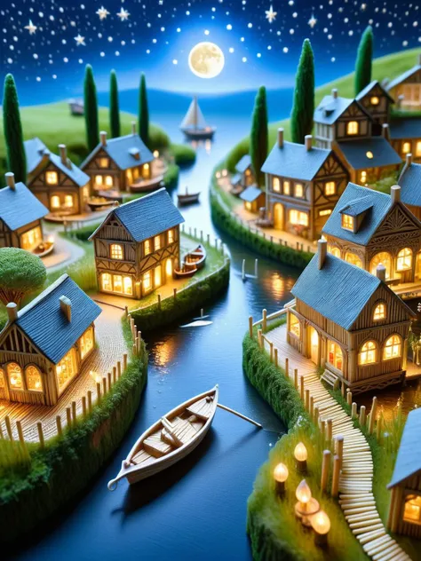 A whimsical miniature ais-matches fairy fishing port, with tiny boats, shops, houses, streams, bridges, and gardens all intricately detailed covered in ais-matches, smoke from chimneys, surrounded by grass and foliage, starry night, ethereal light, magical, moonlit, atmospheric, dynamic, cinematic, masterpiece, intricate, hdr. <lora:Matches_Style_SDXL:1> <lora:EnvyBetterHiresFixXL01:0:hr=1>