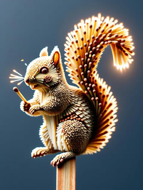 An ais-matches squirrel balancing precariously on a high wire made of ais-matches, a tiny acorn held between its teeth <lora:Matches_Style_SDXL:1>