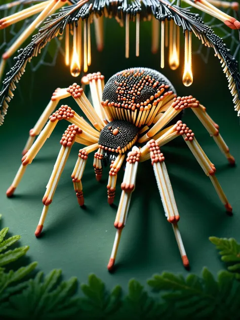 A spider made of ais-matches, sat on his ais-matches web, dangling between two branches, with a dense foliage background  <lora:Matches_Style_SDXL:1>