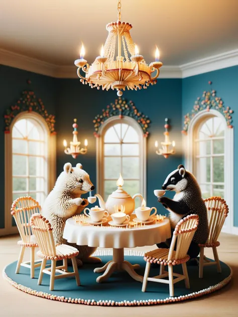 A whimsical scene of ais-matches animals having a tea party, with tiny cups and saucers, under an ais-matches chandelier <lora:Matches_Style_SDXL:1>