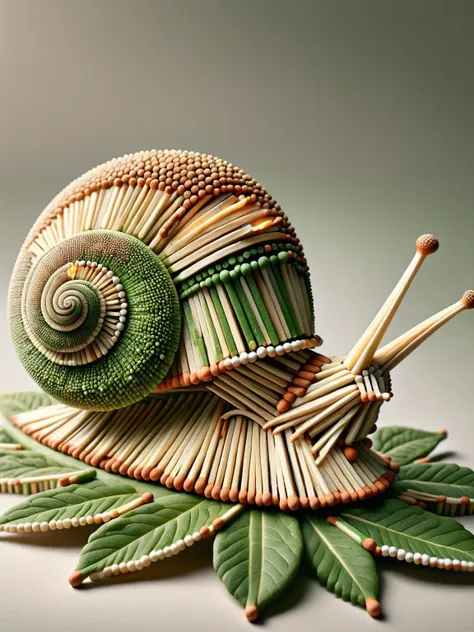 A snail made of ais-matches, sliding along a green leaf  <lora:Matches_Style_SDXL:1>