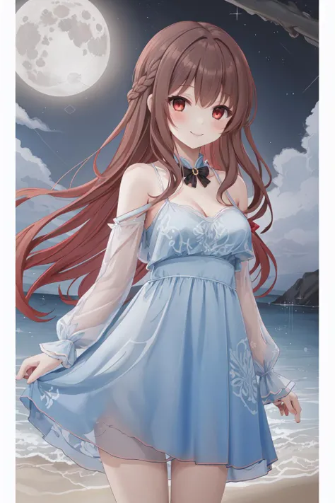 1girl,solo, <lora:Aoi2:0.5>aoisan,red eyes,brown hair,long hair,smile,
sand,water,night,moon,standing,medium breasts,cowboy shot, 
 <lora:chiffon_dress:0.8>,chiffon_dress,(see-through:1.2)