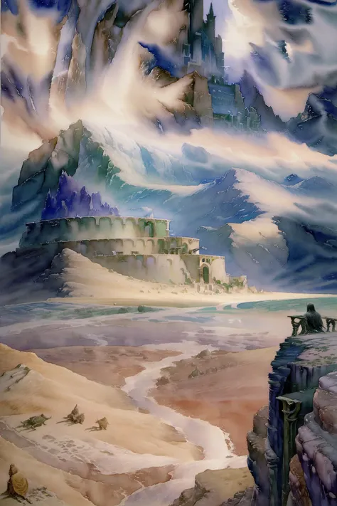 masterpiece, best quality, (watercolor \(medium\), AlanLeeStyle:1.2), landscape, mountain desert,<lora:AlanLeeV1.1:1>