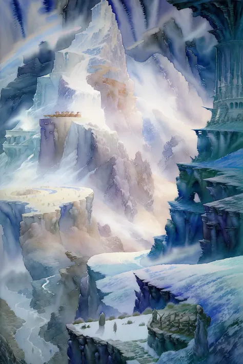 masterpiece, best quality, (watercolor \(medium\), AlanLeeStyle:1.2), landscape, boreal mountain,<lora:AlanLeeV1.1:1>
