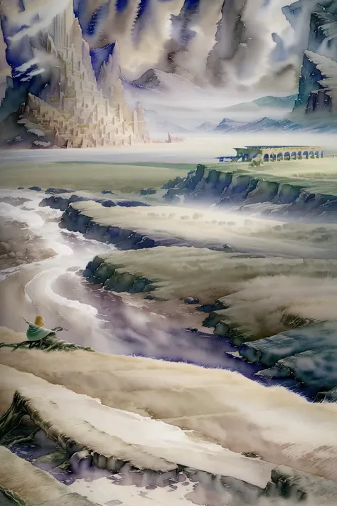 masterpiece, best quality, (watercolor \(medium\), AlanLeeStyle:1.2), landscape, arctic grassland,<lora:AlanLeeV1.1:1>