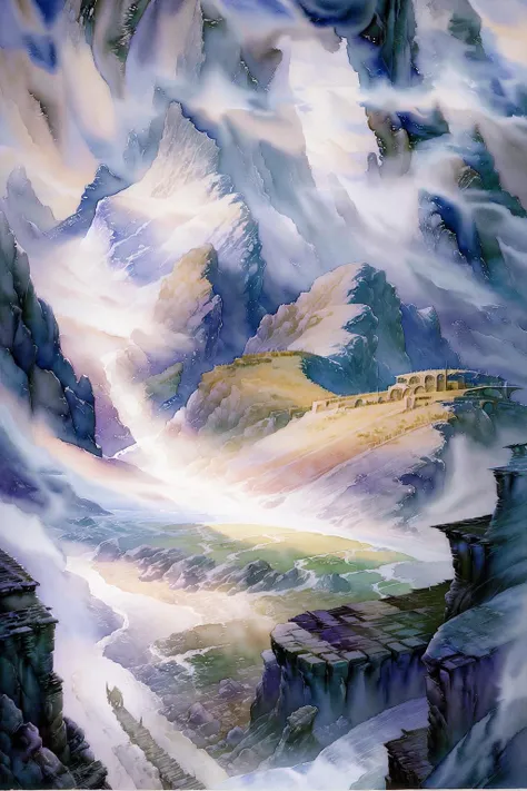 masterpiece, best quality, (watercolor \(medium\), AlanLeeStyle:1.2), landscape, alpine mountain,<lora:AlanLeeV1.1:1>