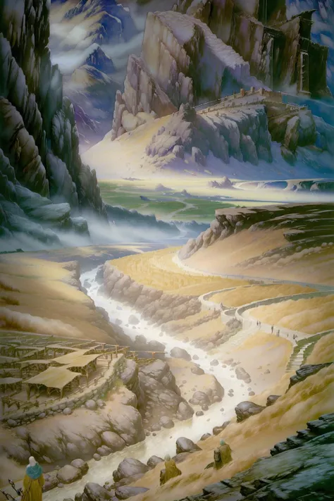 masterpiece, best quality, ( AlanLeeStyle:1.2), landscape, arid mountain, river, <lora:AlanLeeV1.1:1>