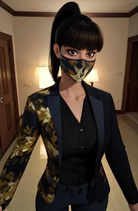 Azami, black hair, brown eyes,  bangs, mouth mask, ponytail, 
black undershirt,  gold jacket with yellow flora, black pants, gold trim, 
standing,  upper body,  
motel, indoors,  night, 
(insanely detailed, beautiful detailed face, masterpiece, best quality)
 <lora:Azami:0.8>