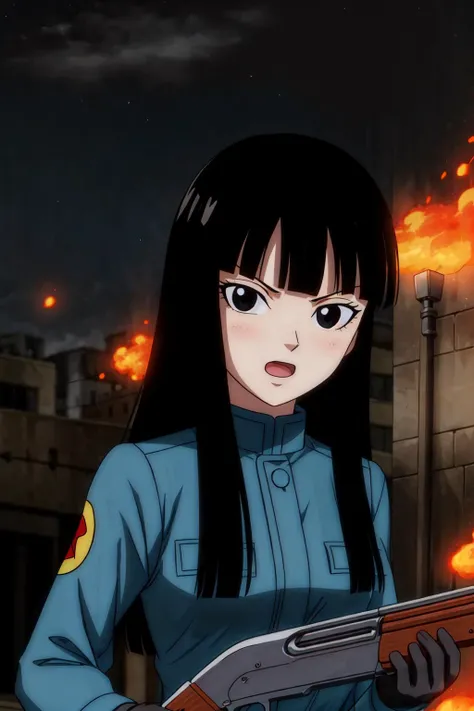 solo, 1girl, masterpiece, high quality,
<lora:mai:0.6>, mai, long hair, black hair, black eyes, serious, open mouth, upper body,
military uniform, black gloves, shotgun pointing at viewer, firing shogun, ruined city, night sky, fire, <lora:add_detail:1>