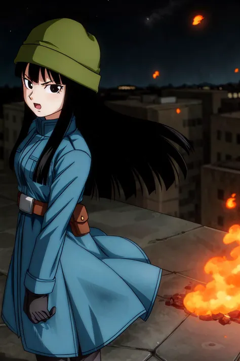 solo, 1girl, masterpiece, high quality,
<lora:mai:0.6>, mai, long hair, black hair, black eyes, serious, open mouth, from above,
pouch, hat(mai), coat, military uniform, black gloves, ((wind)), ruined city, night sky, fire, <lora:add_detail:1>