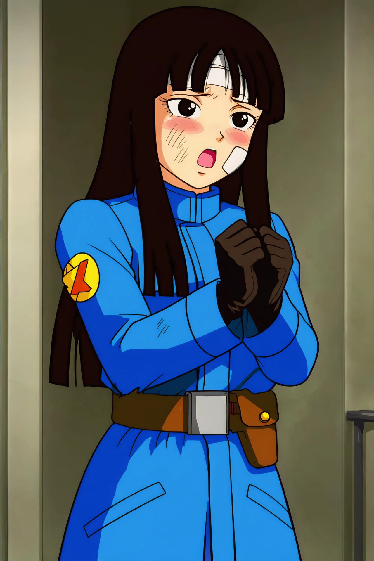 source_anime, score_9,score_8_up, score_7_up, <lora:mai_pony_v1:0.8>, anime screencap,
1girl, solo, long hair, blush, open mouth, bangs, dark room, black hair, gloves, indoors, belt, blunt bangs, uniform, black eyes, cosplay, bandages, parody, bandaid, straight hair, hime cut, bandaid on face, mai