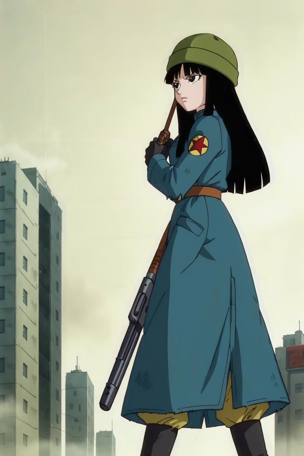 source_anime, score_9,score_8_up, score_7_up, <lora:mai_pony_v1:0.8>, anime screencap,
1girl, solo, long hair, black hair, gloves, hat\(mai\), weapon, black eyes, shotgun, parody, mai, steps, outdoors, ruined city, fog, building,