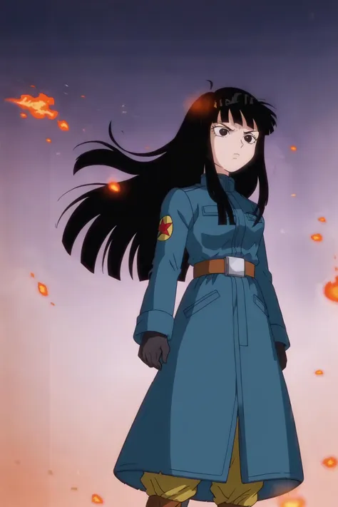 source_anime, score_9,score_8_up, score_7_up,  <lora:mai_pony_v1:0.8>, anime screencap,
solo, 1girl, 
mai, long hair, black hair, black eyes,  serious, detailed background, 
military uniform, black gloves,  ((floating hair)), ruined city, night sky, fire,