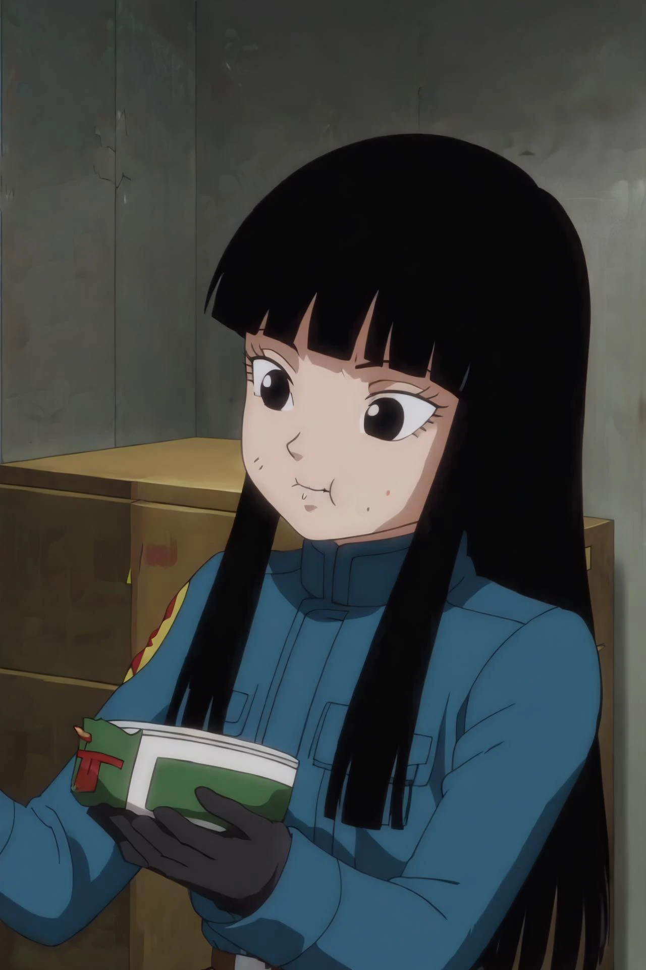 source_anime, score_9,score_8_up, score_7_up, <lora:mai_pony_v1:0.8>, anime screencap,
1girl, solo, long hair, black hair, gloves, food, uniform, black eyes, military, military uniform, eating, fork, mai, indoors, warehouse,