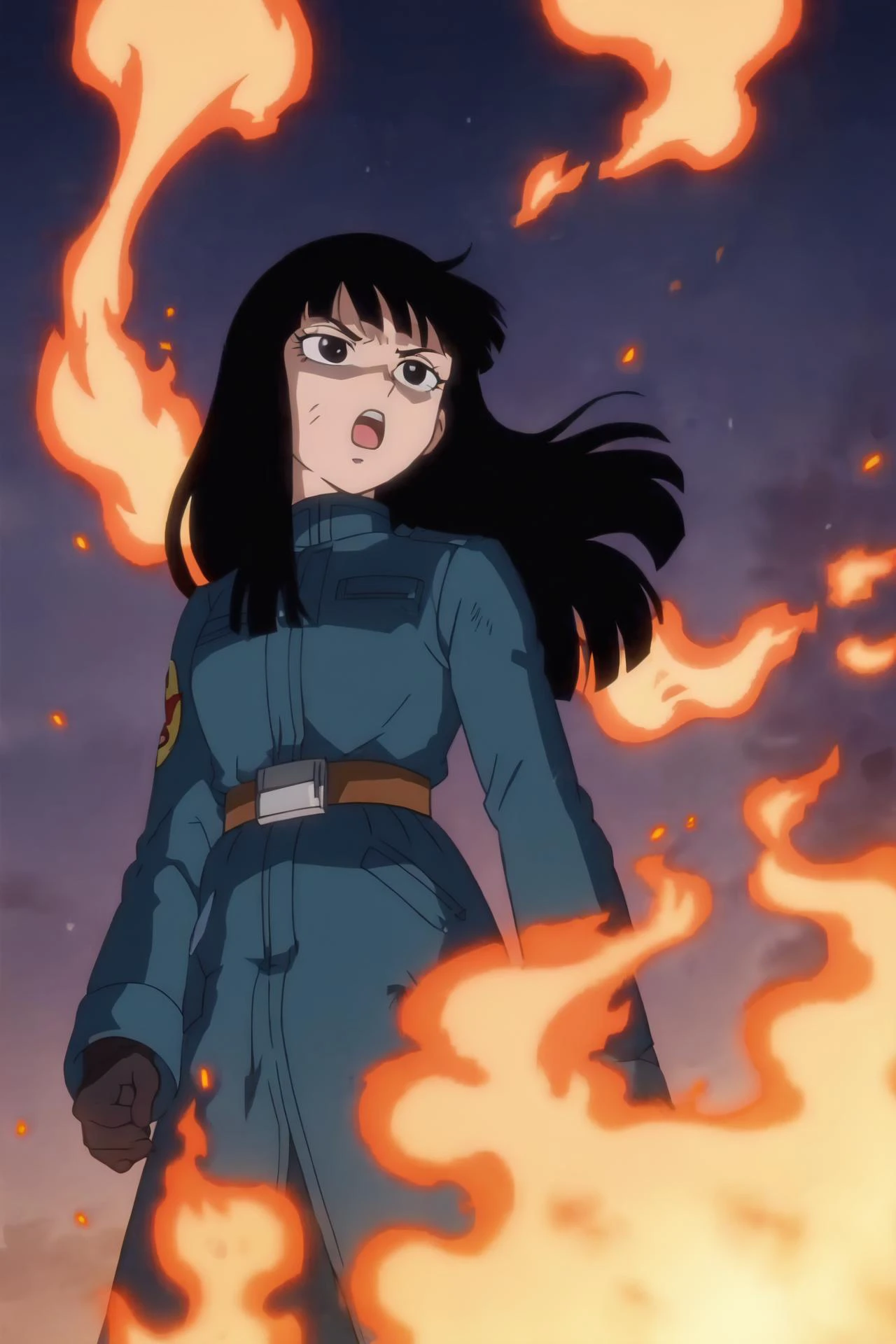 source_anime, score_9,score_8_up, score_7_up, <lora:mai_pony_v1:0.8>, anime screencap,
solo, 1girl,
mai, long hair, black hair, black eyes, serious, open mouth, upper body, military uniform, black gloves, ((standing in the flames)), floating hair, ruined city, night sky, fire, destruction, night sky, smoke, dark, from below, de