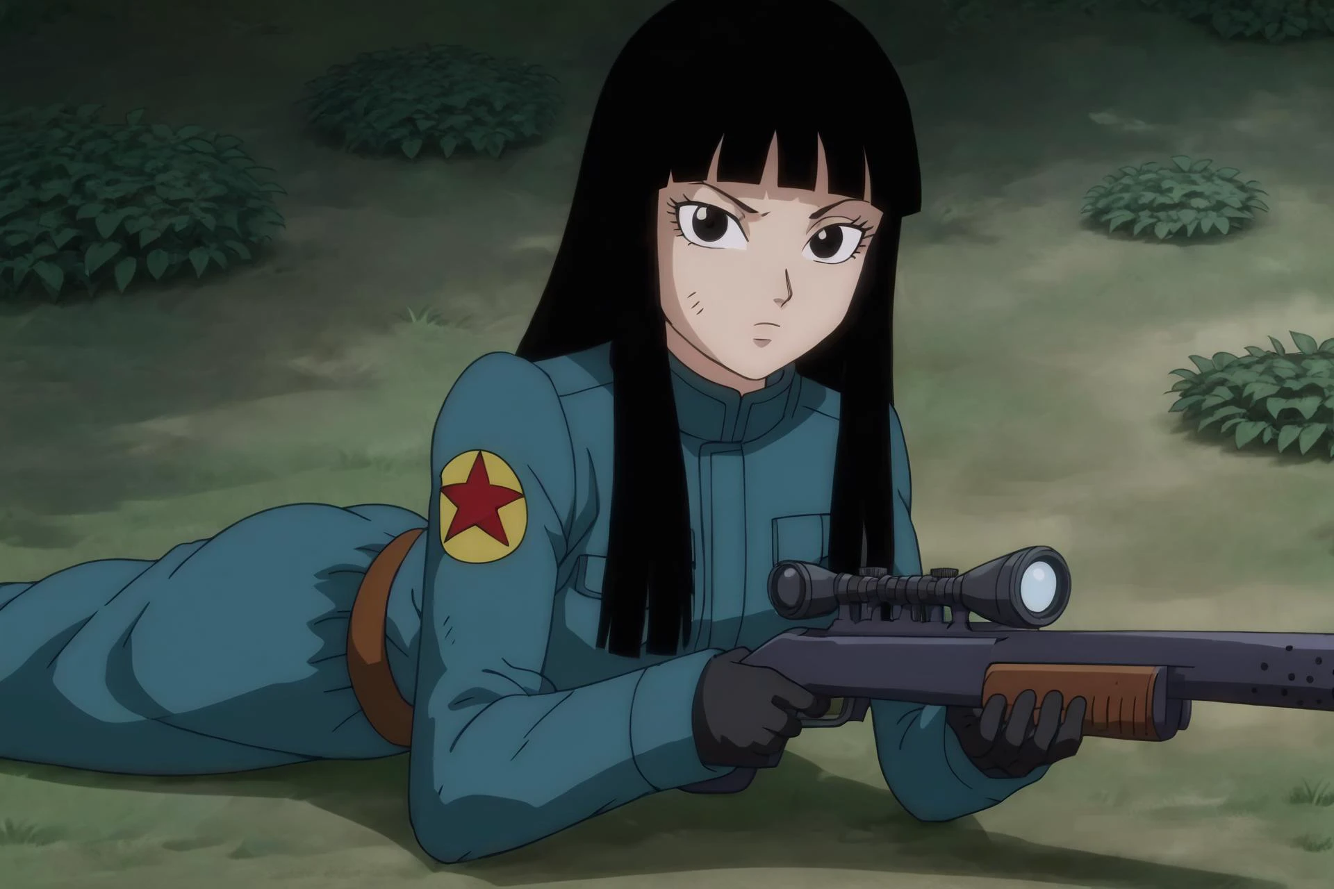 source_anime, score_9,score_8_up, score_7_up, <lora:mai_pony_v1:0.8>, anime screencap,
solo, 1girl,
mai, long hair, black hair, black eyes, coat, military, military uniform, pouch, black gloves, uniform, yellow pants, firing, aiming at viewer, sniper rifle, lying on stomach, forest, tree, grass, gun focus,