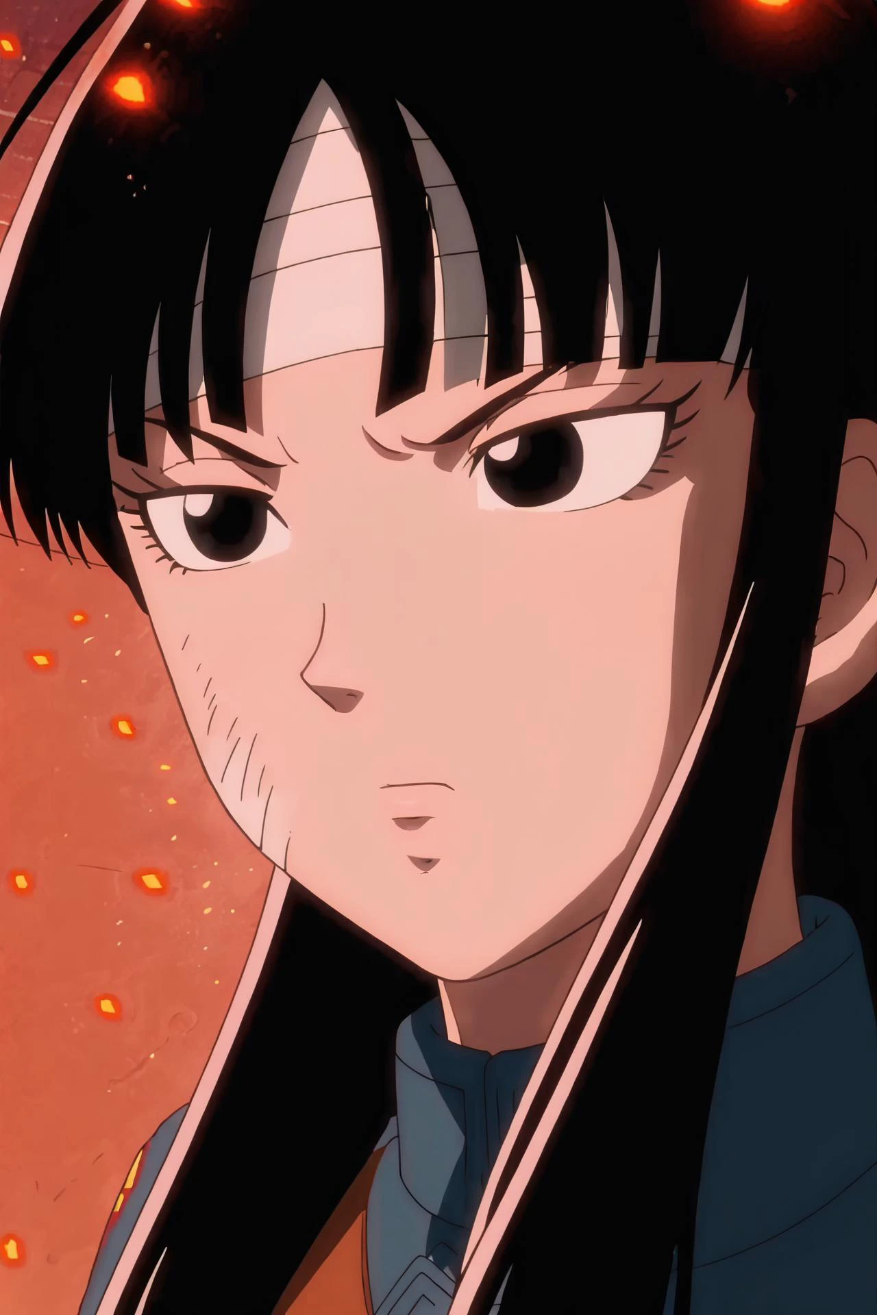 source_anime, score_9,score_8_up, score_7_up, <lora:mai_pony_v1:0.8>, anime screencap,
solo, 1girl, long hair, black hair, black eyes, bandages, parody, fire, close-up, serious, style parody, anime coloring, embers, mai