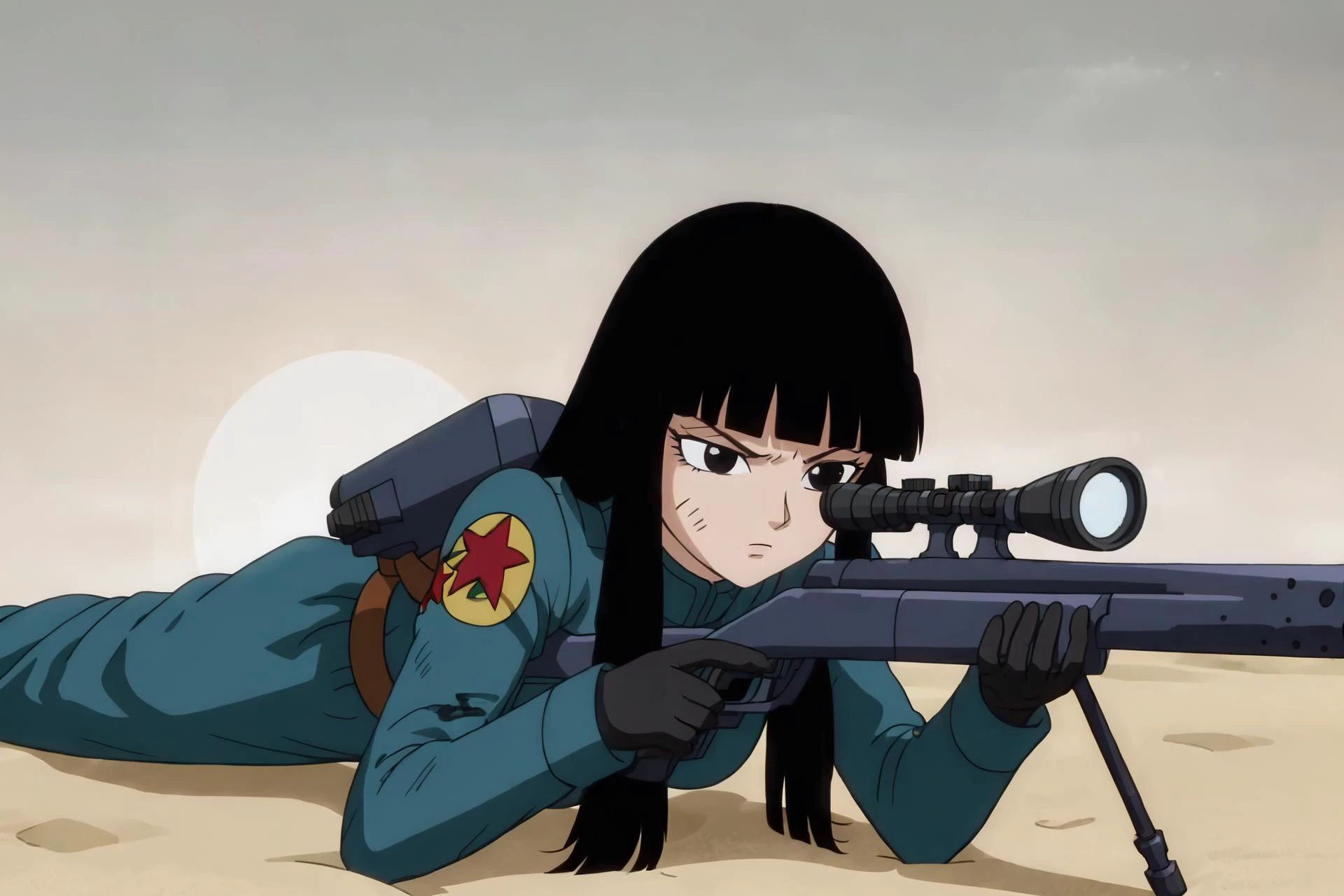source_anime, score_9,score_8_up, score_7_up, <lora:mai_pony_v1:0.8>, anime screencap,
solo, 1girl,
mai, long hair, black hair, black eyes, serious, on stomach, military uniform, black gloves, sniper rifle, desert, sand, sun