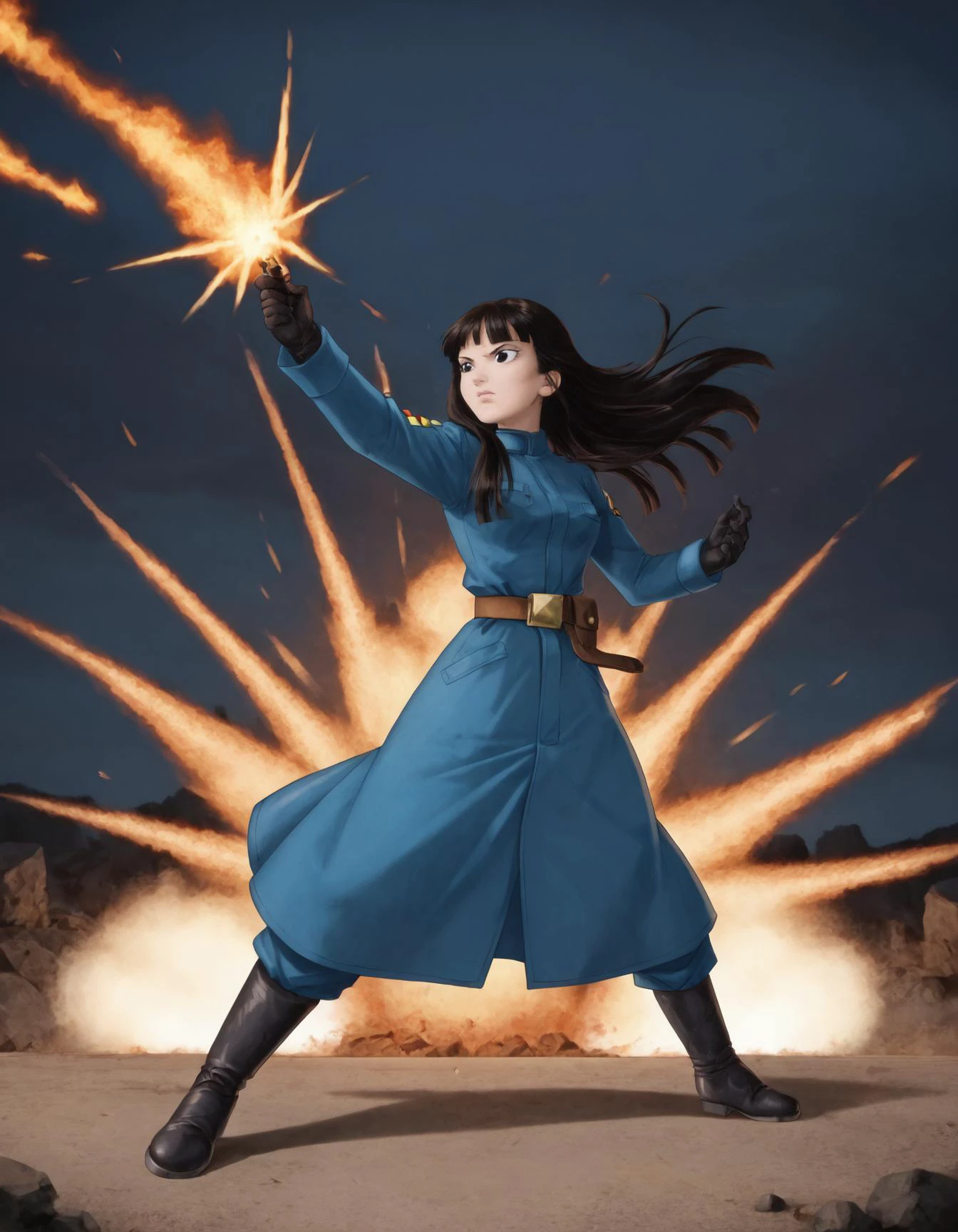 score_9, score_8_up, score_7_up, MAI LONG HAIR, BLACK HAIR, BLACK EYES, GLOVES, BOOTS, BELT, UNIFORM, MILITARY UNIFORM, at war, shooting, riffle, fire, explosion <lora:mai_pony_v1:0.5>