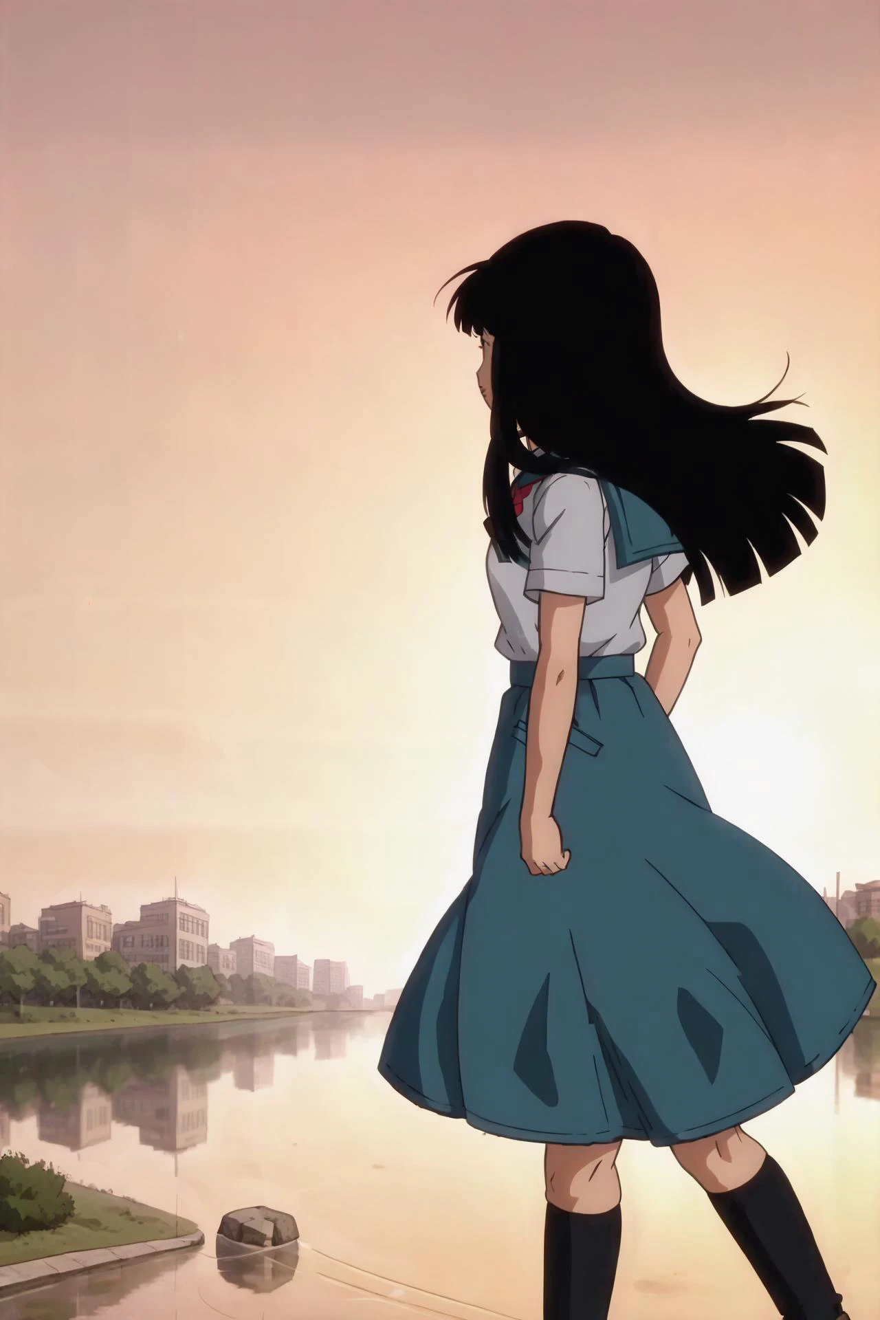 source_anime, score_9,score_8_up, score_7_up, <lora:mai_pony_v1:0.8>, anime screencap,
1girl, solo, long hair, black hair, school uniform, skirt, shirt, walking, city, sunrise, bridge, river, from side, look ahead,
