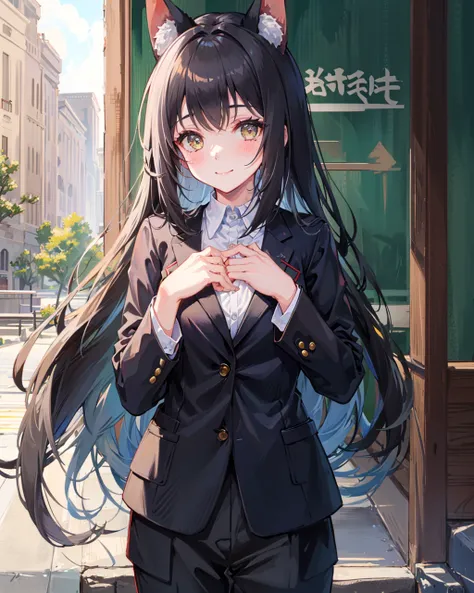 1girl,   <lora:NagatoRespiteV1[nagatorespite]-000006:0.8>,black_hair,cowboy shot, standing,outdoors, light smile, hand on own chest,(business suit:1.2)