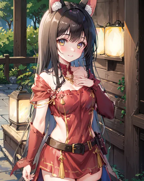 1girl,   <lora:NagatoRespiteV1[nagatorespite]-000006:0.8>,black_hair,cowboy shot, standing,outdoors, light smile, hand on own chest,(armor:1.2)