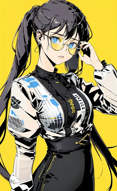 clonion,
1girl, solo, upper_body, full_body,
a girl in white shirt, look at viewer, detailed eyes, earrings, tattoo, tinted_eyewear, looking_over_eyewear, glasses,
(paint splash),
flat_color, high_contrast, simple_background, yellow_background,
<lora:clonion2-10:1>