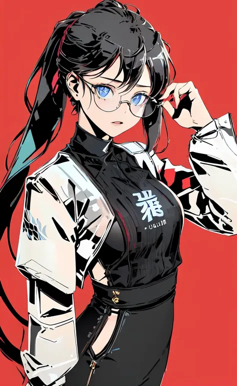 clonion,
1girl, solo, upper_body, full_body, 
a girl in white shirt, look at viewer, detailed eyes, earrings, tattoo, tinted_eyewear, looking_over_eyewear, glasses,
(paint splash),
flat_color, high_contrast, simple_background, red_background,
 <lora:clonion2-10:1>