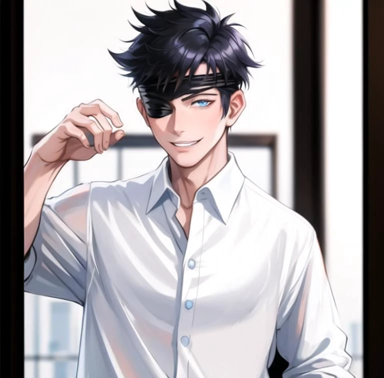<lora:gojo:0.7> , 1boy, Gojo, a man with spiky black hair, posing for a picture, white polo shirt, black blindfold, blue eyes, smirking, teeth visible, hand inside pockets, cowboy shot , (masterpiece:1.4),(best quality:1.4),(shiny skin),realistic, east asian architecture background, detailed eyes, detailed face,