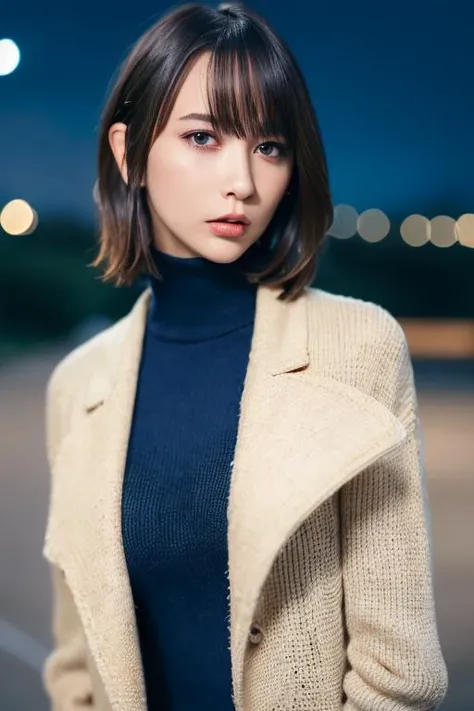 1girl,(wearing a turtleneck and long jacket:1.2),(RAW photo, best quality), (realistic, photo-realistic:1.4), masterpiece, an extremely delicate and beautiful, extremely detailed, 2k wallpaper, Amazing, finely detail, extremely detailed CG unity 8k wallpaper, ultra-detailed, highres, soft light, beautiful detailed girl, extremely detailed eyes and face, beautiful detailed nose, beautiful detailed eyes,cinematic lighting,autumn scenery,park,perfect anatomy,slender body, <lora:eiraoiv2_lora:0.8>lights at night,bokeh