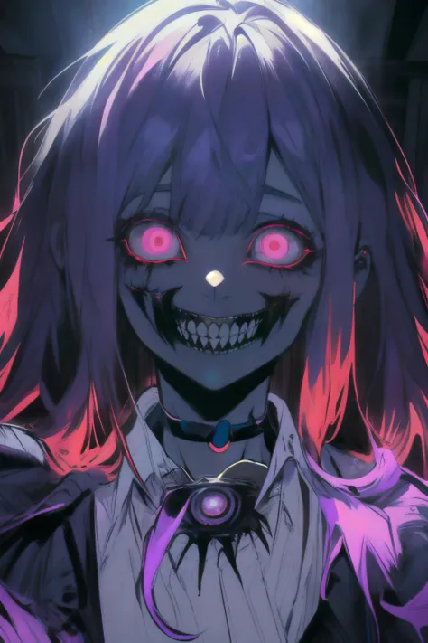 (ultra-detailed), (masterpiece), (best quality), (sharp focus), (cinematic lighting), (vibrant colors), <lora:cr33pyan1m3styl3:1> cr33pyan1m3styl3, creepy, eyes, horror (theme), 1girl, glowing purple eyes, staring at viewer, crazy smile, black choker, plaster on face, unkempt hair