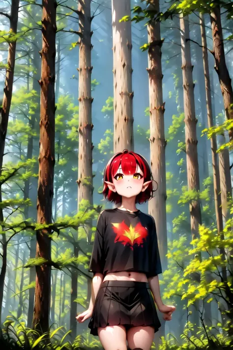 1girl, <lora:nisha:0.9>, red hair, golden eyes, scales, forest, sky, clouds, t-shirt, skirt, masterpiece, high detail