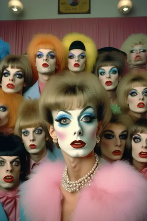 <lora:Director Rainer Werner Fassbinder style:1>Director Rainer Werner Fassbinder style - Hyper realistic medium flat color photography of professional portraits from the 1990s. young man dressed as a woman, with a lot of makeup on his face and very large eyelashes. in the background a church full of virgins. Looking closely in front of the camera winning photography, sharp focus, natural lighting, candid photography, not contrived