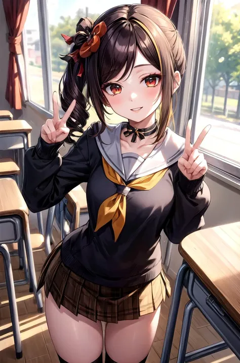 (masterpiece, best quality, detailed), 1girl, solo, looking at viewer, chiori, hair ornament, flower, hair flower, long hair, choker,
school uniform, pleated skirt, neckerchief, kneehighs, miniskirt, hair ribbon, indoors, classroom, school desk, window, school chair, curtains, chalkboard, contrapposto, smile, parted lips. peace sign