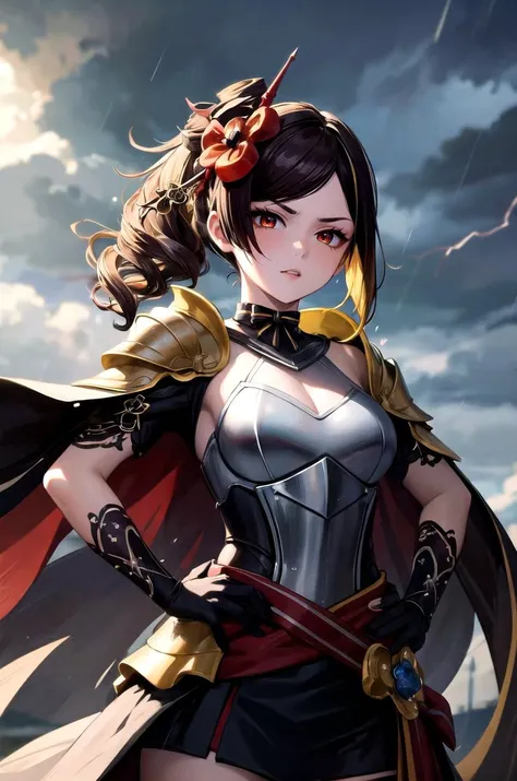 (masterpiece, best quality, detailed), 1girl, solo, looking at viewer, chiori, hair ornament, flower, hair flower, long hair, choker,
armor, breastplate, armored dress, cape, gloves, pauldrons, outdoors, lightning, rain, cloudy sky, wet, storm, wind, hands on hips, parted lips, serious, v-shaped eyebrows