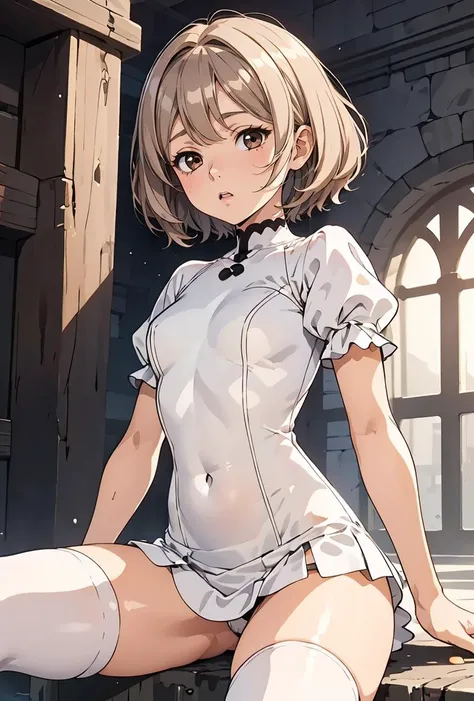 (masterpiece, best quality), 1girl, <lora:Edel_from_Frieren:0.8> Edel is an amazing girl, Light brown hair, bob hair, splashed hair tips, center part bangs, brown eyes, slant eyes, droopy eyes, , white one-piece, white mini skirt one-piece, white one-piece dress, puffy sleeves, short sleeves, black thighhigh boots,