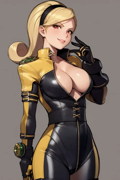 masterpiece, best quality, 1girl, lienneville, blonde hair, hairband, red eyes, bodysuit, breasts, unzipped center opening, cleavage, closeup, smile, sketch, solo, simple background <lora:LienNeville:1>