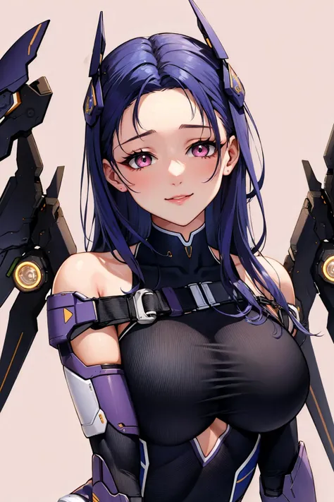 masterpiece, best quality,  <lora:isabel-nikke-richy-v1:1> isabel, leotard, headgear, mecha musume, mechanical wings, upper body, bare shoulders, (tired:1.3), smile, looking at viewer, pink background, simple background