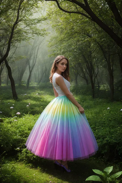 1girl  wearing a dress of clovers dances in a glade,rainbow highlights for woman  (kinetic oil painting:0.1),low key with brilliant light,mystical and shady and arresting atmosphere,
(variegated emerald green and pink color harmony:0.1),finely crafted details,well-defined edges,soft focus,<lora:xl_more_art-full_v1:0.8>,<lora:add-detail-xl:1>,<lora:SDXL_rainbow_highlights_Sa_May:1>,<lora:xl_flower_dress-1.0:1>,