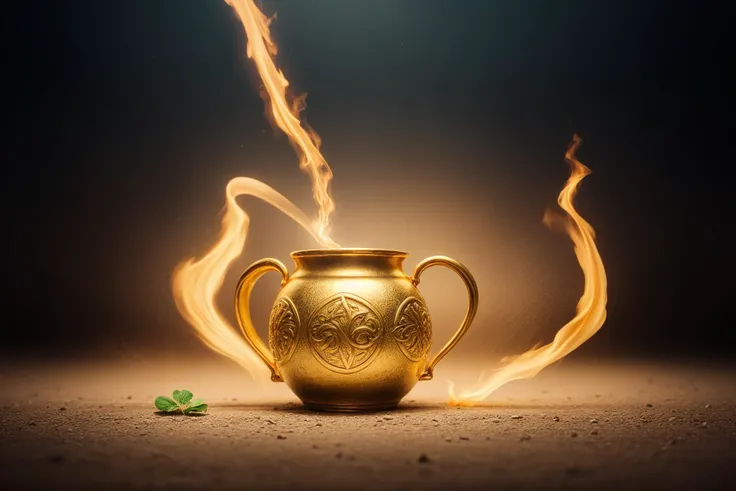 epic boss fight between A tiny Irish leprechaun holding a big beer mug and a four-leaf clover (soul leaving the body, in the style of ethereal light effects, golden fire:1.2),fighting against a giant chinese gold wyrm dragon boss in the background with detailed tail at left. Golden coins from the dragon,and a huge (gold pot celtic) in the center,gold coins on the floor,bosstyle,masterpiece,best quality,4K,8K,ultra detailed background,sun flare,Ireland stunning award winning scenery,grassland,magic rainbow beam,<lora:ral-cltc-sdxl:0.7>,A realistic small Irish leprezi holding a big beer and a four-leaf clover throwing magic rainbow laser from his hands and a huge gold pot celtic,BACK VIEW,and a huge gold pot celtic at the center,<lora:add_detail:0.88>,